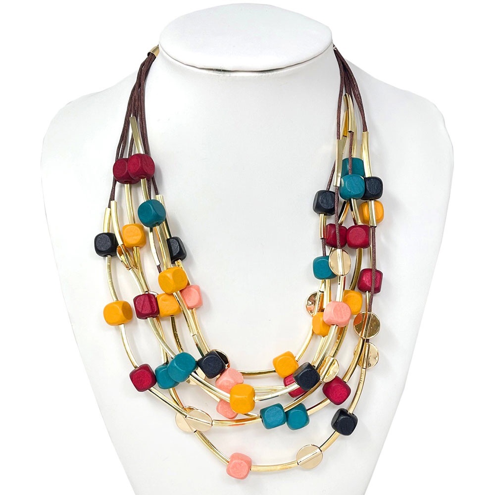 Multicolored Wooden Cube Beaded Layered Statement Necklace